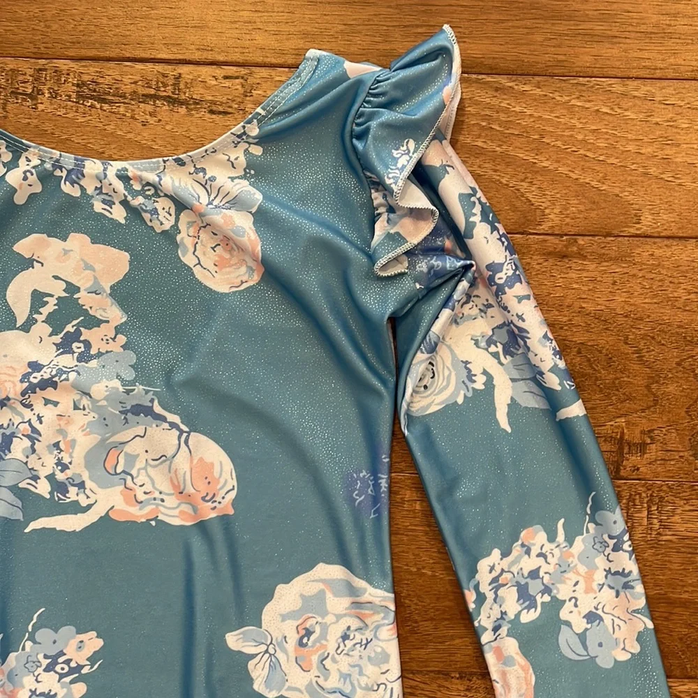 Girls Long-Sleeve Shabby Chic Blue Gymnastics Leotard Dance Leotard - Size 150